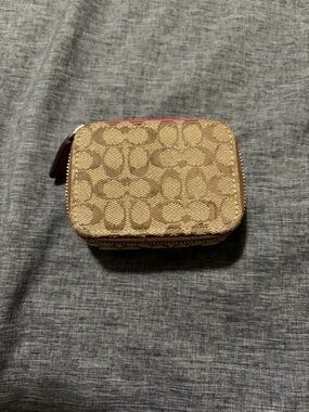 Coach Small Signature Canvas Zip Case in Khaki and Tan with Red Trim